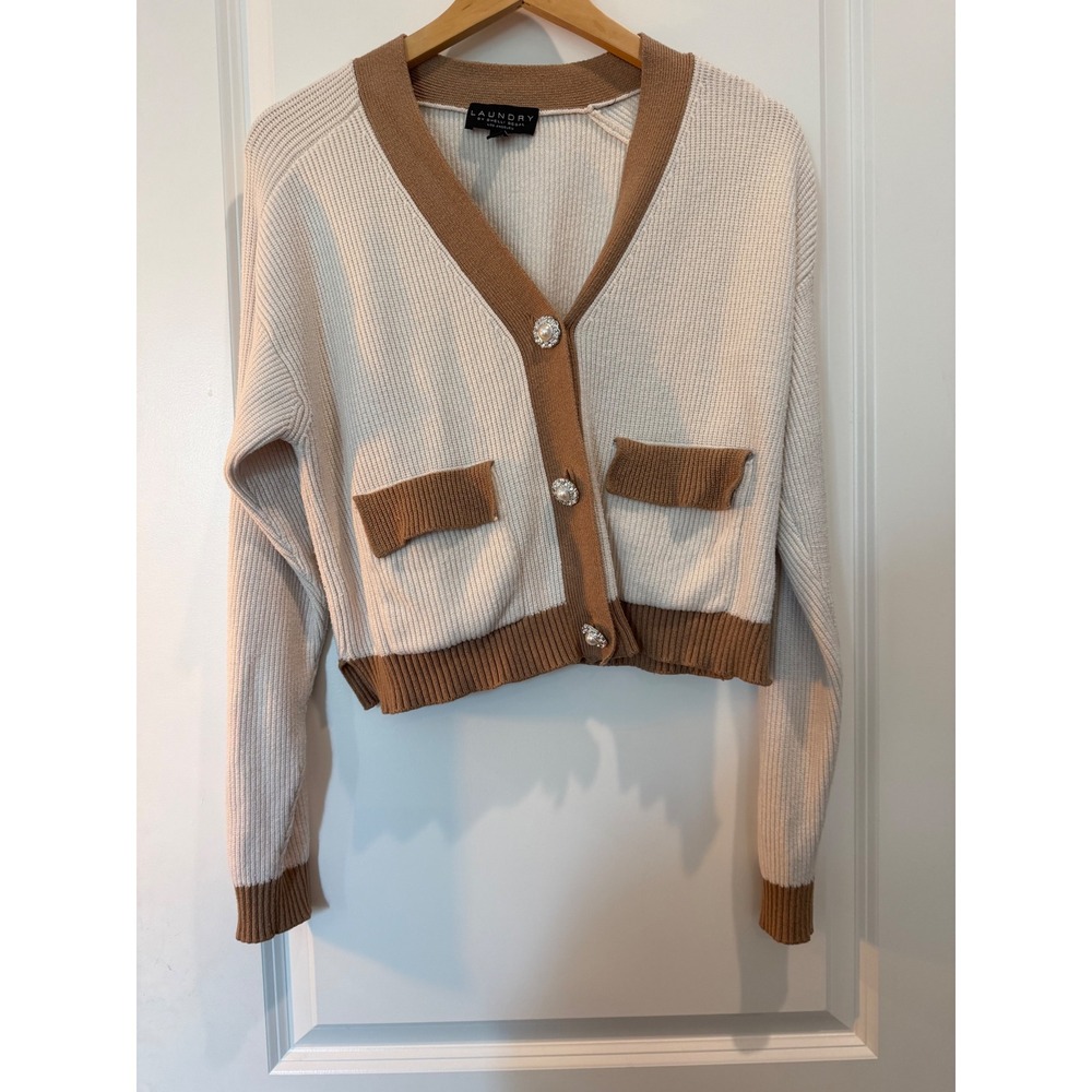 Laundry by Shelli Segal Cropped Cardigan Cream Tan Pearl Button Rib Knit M